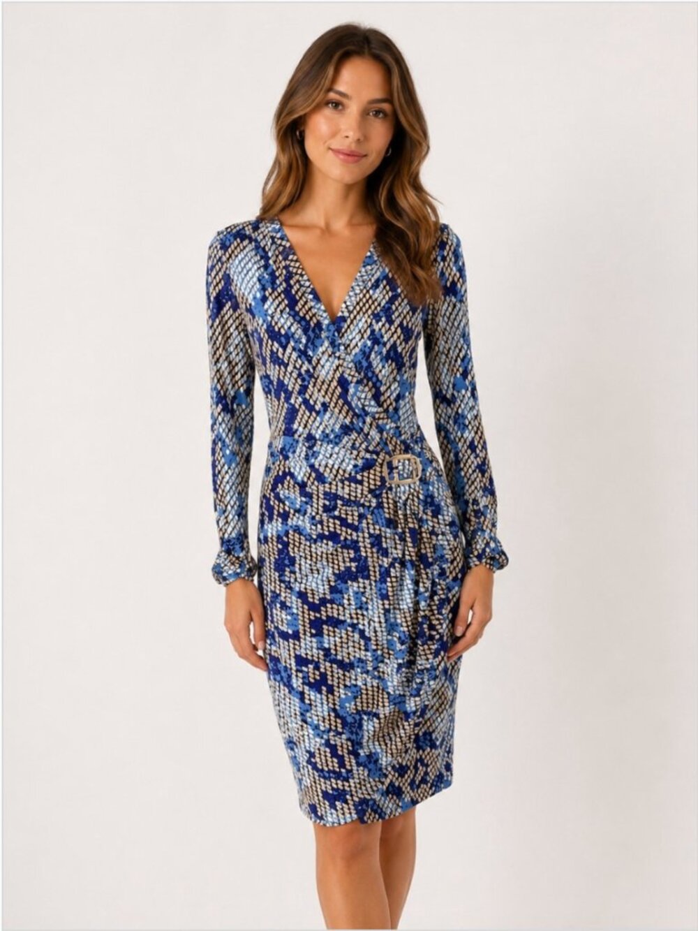 Cache. XL. Wrap-Style Blue & Tan Print Dress